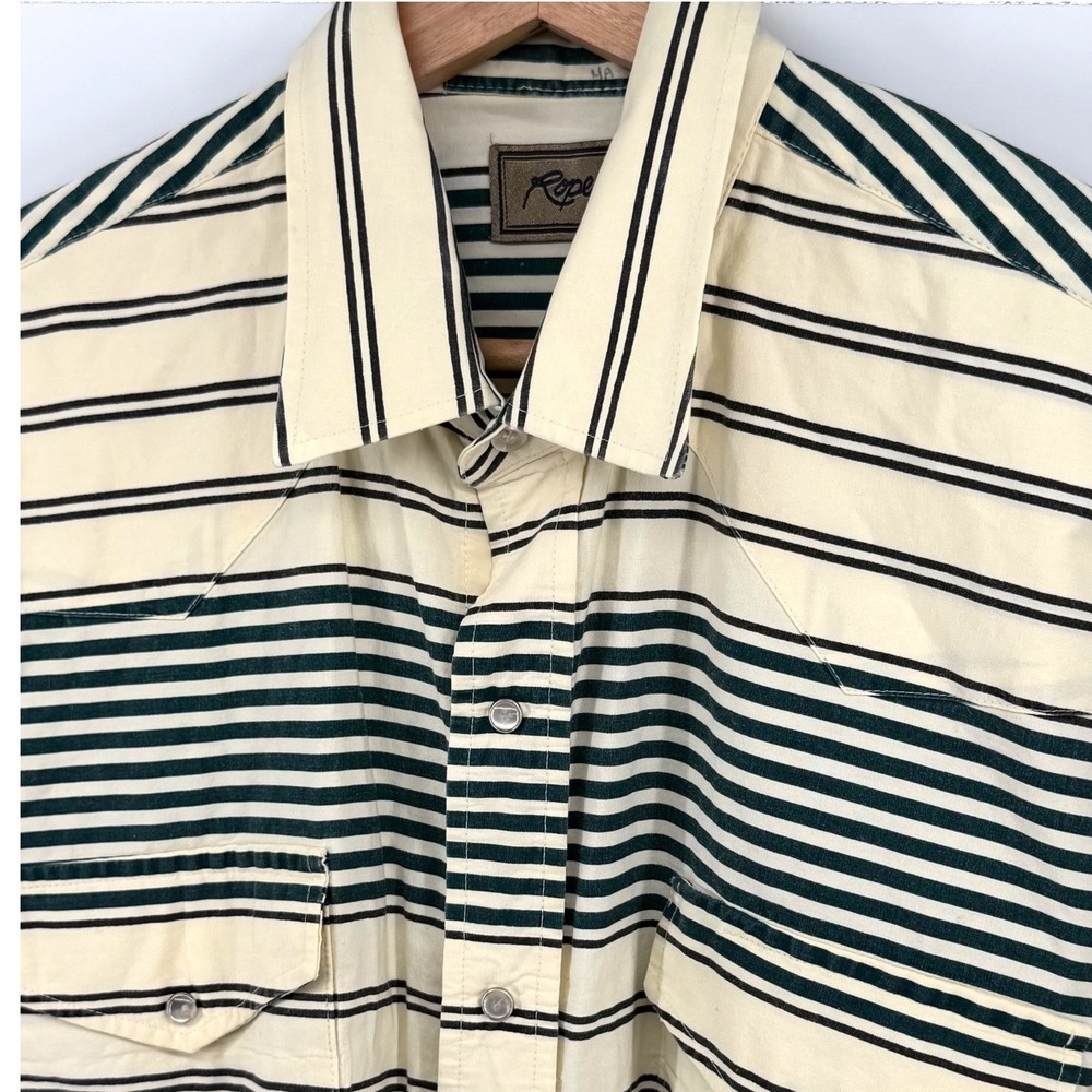 Vintage Roper Mens XL Western Pearl Snap Shirt Striped Green Cream Long Sleeve